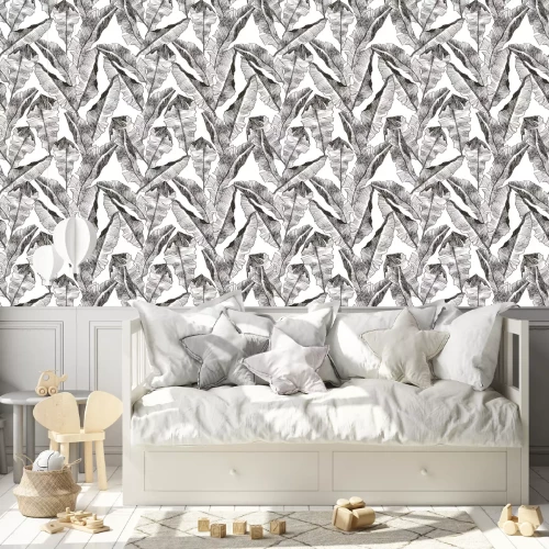 Behang Met potlood geschetste tropische bladeren