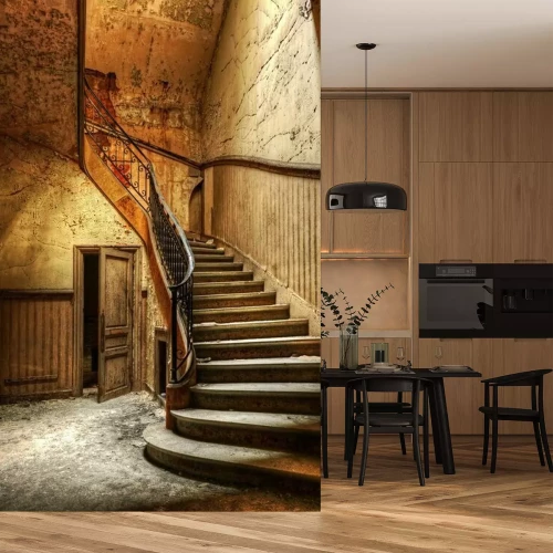 Fotobehang Trap in een oud gebouw