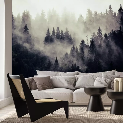 Fotobehang Nevelig landschap met sparbos in hipster uitstekende retro stijl