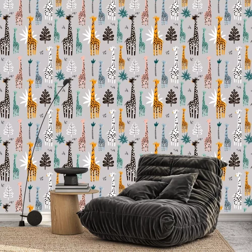 Behang Kleurrijke giraffen tussen tropische bladeren