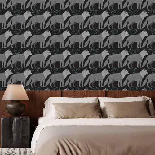 Behang Grijze wolven en kleine blaadjes op een zwarte achtergrond