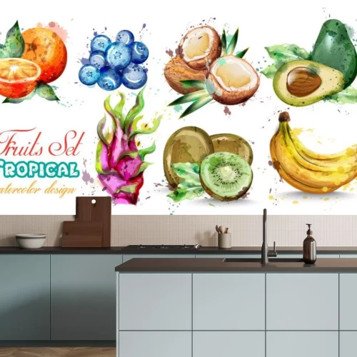 Sticker Aquarel fruit set collectie Vector. Kiwi, banaan, bosbes Tropische zomerfruitsamenstelling
