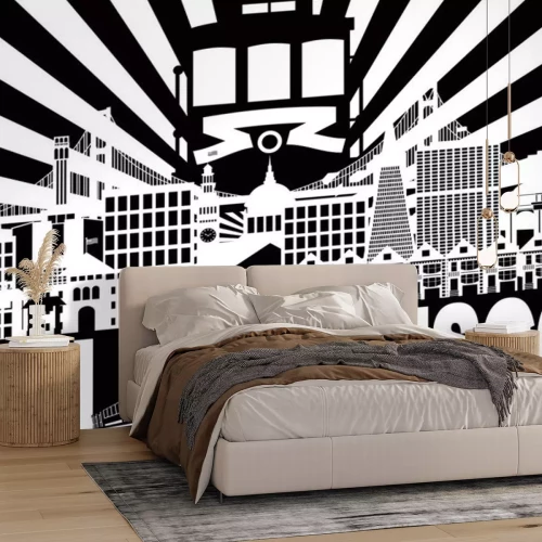 Sticker San Francisco Skyline Trolley en Sun Rays met tekst vectorillustratie