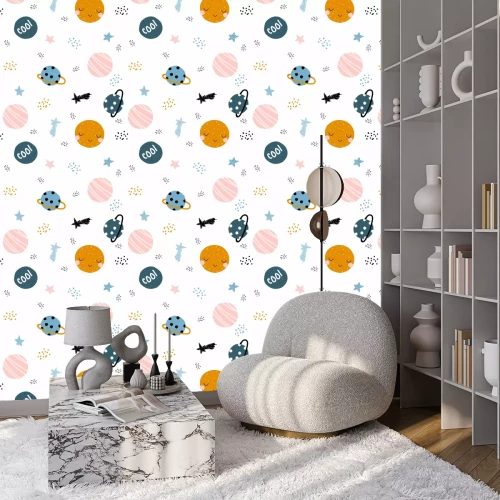 Behang Leuk ruimte naadloos patroon met hand getrokken planeten en sterren. Trendy grafische kinderen. Vector illustratie.