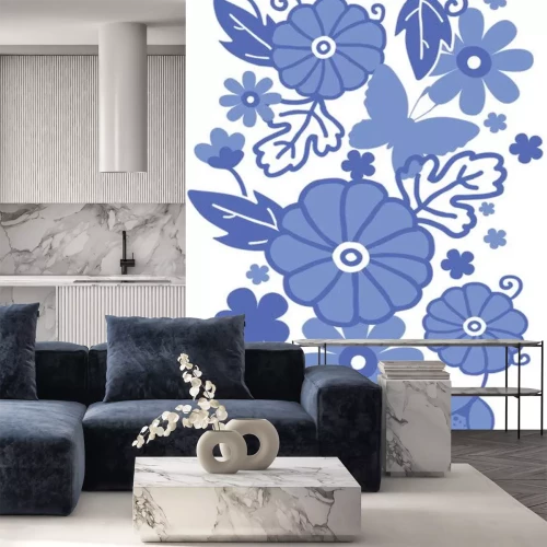 Sticker Blauwe bloemen op een volkspatroon