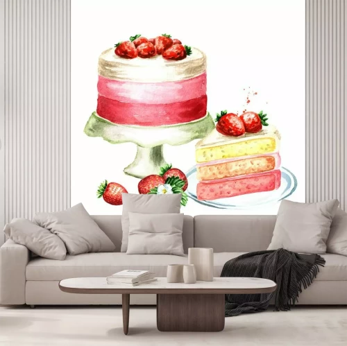 Sticker Aardbeiencake verjaardag of bruiloft samenstelling. Waterverfhand getrokken illustratie, op witte achtergrond wordt geïsoleerd die