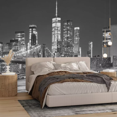 Fotobehang Brooklyn Bridge en Manhattan nachtzicht in zwart-wit