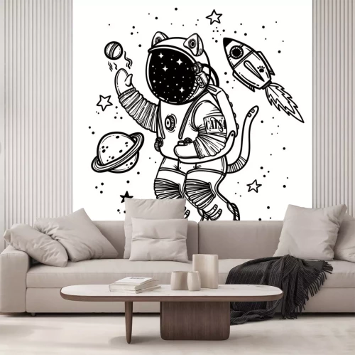 Sticker Kattenastronaut speelt met planeten