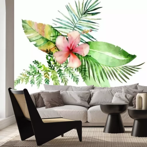 Sticker Heldere rode bloem tussen bladeren aquarel illustratie