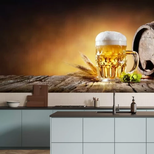 Fotobehang Bier in een glas en een vat