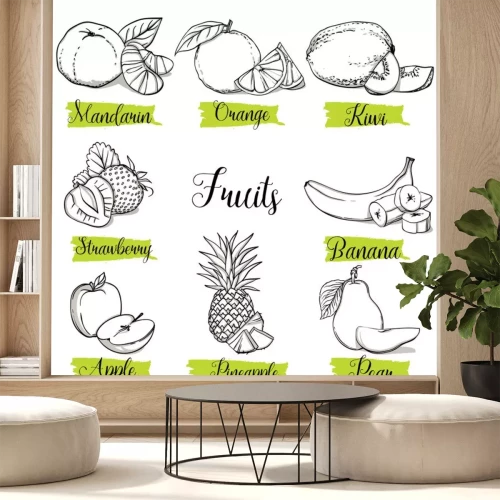 Sticker Hand getrokken schets stijl fruit en bessen. Mandarijn, sinaasappel, kiwi, aardbei, banaan, appel, ananas en peer. Organisch fruit met blad, de vector geïsoleerde inzameling van krabbelillustraties.