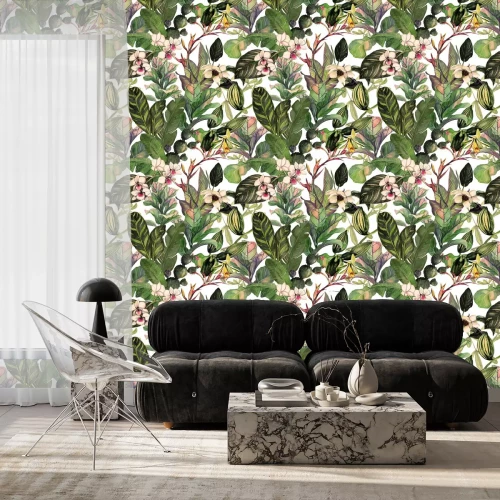 Behang Cactussen bloemen en bladeren van tropische planten