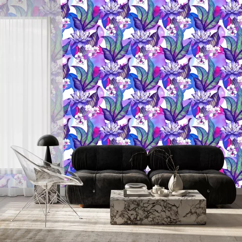 Behang Naadloos patroon met tropische bladeren. aquarel patroon met lotusbloem en aquarel vlekken, witte orchidee Phalaenopsis