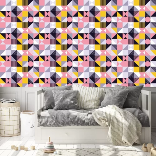 Behang Geometrische patroonachtergrond van vector Scandinavische abstracte kleur of Zwitsers meetkundeprintontwerp met rechthoeken, vierkanten en cirkels