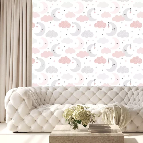Behang Schattig hemelpatroon. Naadloos vectorontwerp met glimlachen, slaapmaan, harten, sterren en wolken. Baby illustratie.