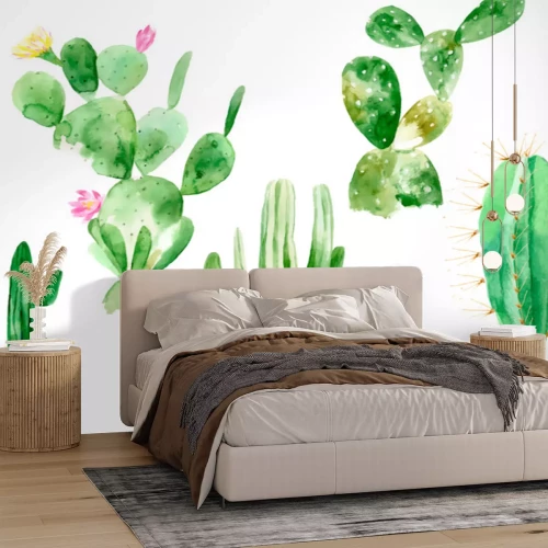 Sticker Reeks illustraties van de waterverfcactus op witte achtergrond in vectorformaat. Hand getrokken bloeiende planten instellen voor kantoor binnen. Bloesem Mexicaanse cactus van woestijn.