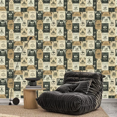 Behang Vector naadloos patroon op het thema van wijn met verschillende wijnetiketten met afbeeldingen van druiven, landschappen, wijnmakerij, kastelen, zeilboten, fruit en andere in retro stijl