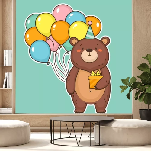 Sticker Leuke gelukkige verjaardagskaart met grappige beer met lucht ballonnen en een geschenkdoos. Gelukkige verjaardag kleurrijke wenskaart. Vector illustratie