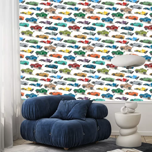 Behang Sport snelheid auto en offroad verzameling auto kleurrijke snelle motor racing auto bestuurder vervoer motorsport vector illustratie naadloze patroon achtergrond