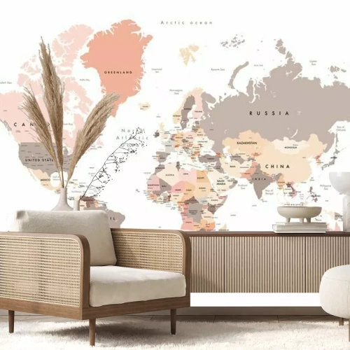 Fotobehang Een kleurrijke wereldkaart met de namen van landen, zeeën en oceanen.