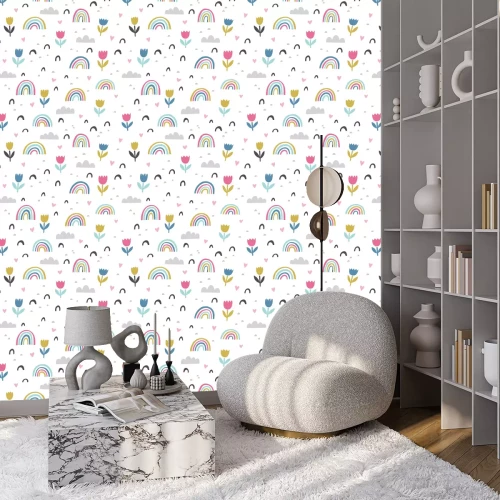 Behang Hand getekend schattig abstract patroon. Regenboog, bloem, wolkenkrabbel vector naadloze achtergrond. Ontwerp voor stof in felle kleuren.