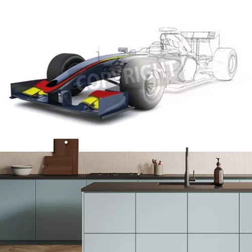 Sticker 3D render van een generieke raceauto met de helft in schetsvoorbeeld