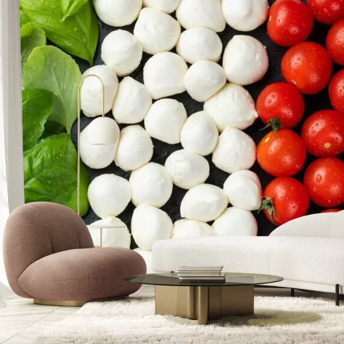 Fotobehang Italiaanse vlag gemaakt van basilicum, mozzarella en tomaten
