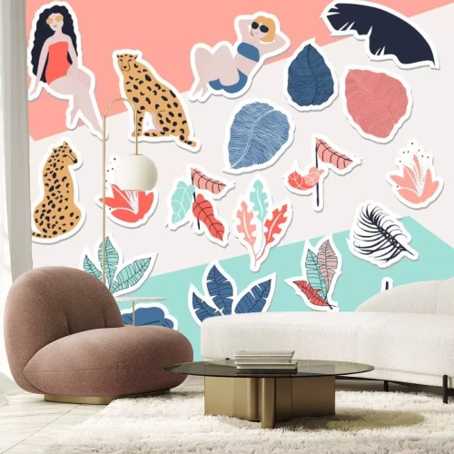 Sticker Tropische meisjes met collectie Cheetah-stickers. Zomerparadijs in tropische oerwouden met een wild dier, een mooi meisje en fantastische bloemen.