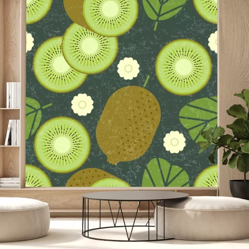 Sticker Kiwi naadloos patroon. Geheel en gesneden kiwivruchten met bladeren en bloemen op sjofele achtergrond. Originele eenvoudige vlakke illustratie. Shabby stijl.