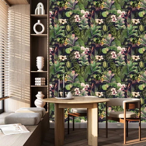 Behang Naadloos patroon met tropische bladeren en bloemen. aquarel patroon met een magnolia bloem, orchideeën, cactus, witte orchidee phalinopsis. Botanische achtergrond