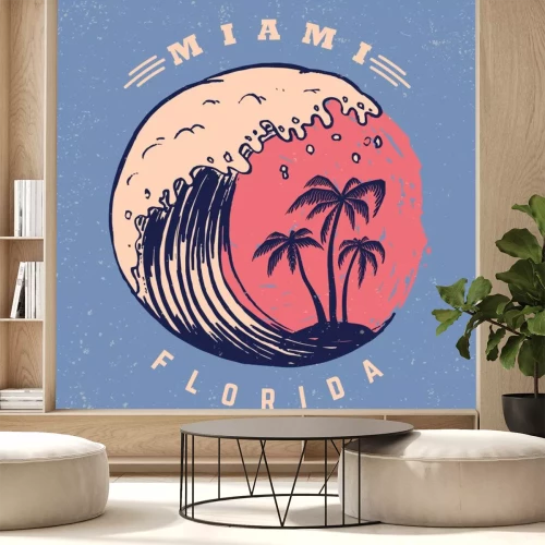 Sticker Miami. Poster sjabloon met belettering en palmen.