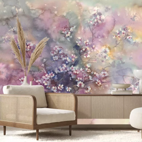 Fotobehang Kersenbloesems op een aquarelachtergrond
