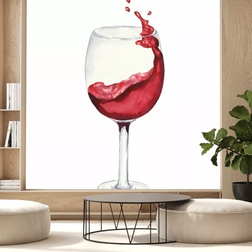 Sticker De hand getrokken wijn van het waterverfglas met vloeibare die plons op witte achtergrond wordt geïsoleerd. Drink illustratie.