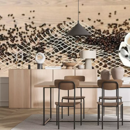 Fotobehang Een kopje hete koffie en verspreide bonen