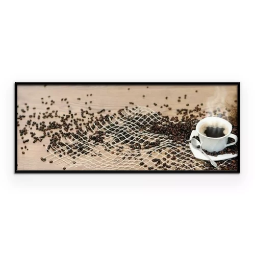 Poster Een kopje hete koffie en verspreide bonen