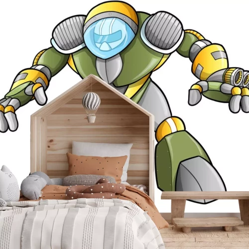 Sticker Een groene gepantserde robot in een ruimtehelm