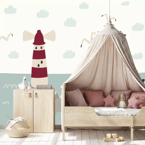 Fotobehang Scandinavisch landschap met een walvis en een vuurtoren voor kinderen