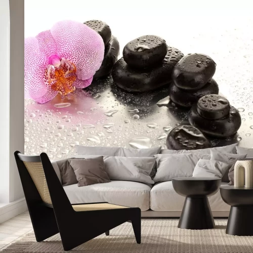Sticker Spa stenen en orchidee bloem, op natte achtergrond.
