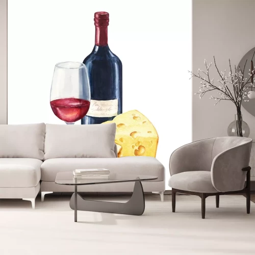 Sticker Hand getekend aquarel rode wijn met fles en glas, en kaas compositie. Heerlijke voedselillustratie die op witte achtergrond wordt geïsoleerd.