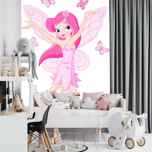 Sticker Een rozeharige gevleugelde fee omringd door vlinders