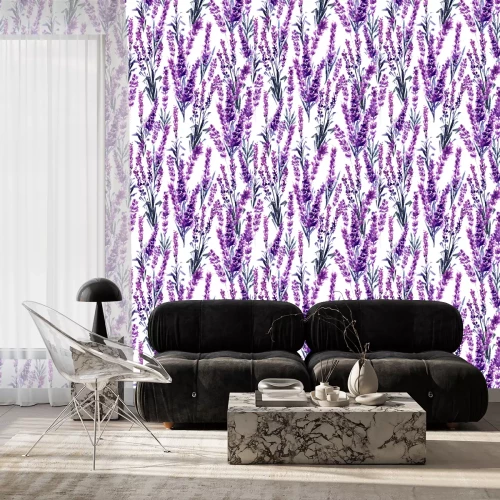 Behang Lavendel veld naadloze patroon. Aquarel of Aquarelle Schilderijen van Provence Lavandula. Hand getrokken thee kruiden bloem. Zomerbloesem of gebladerte van tuinplant in Aquarelle. Natuur en parfum.