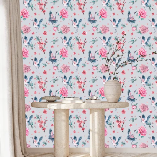 Behang Roze grafische pioenen en dansende kraanvogels