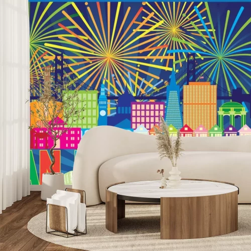 Sticker San Francisco Skyline Trolley Fireworks Color vector illustratie