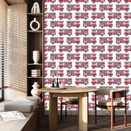 Behang Hand getrokken brandweerwagens naadloos vectorpatroon op witte achtergrond.