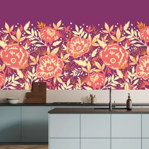 Sticker Zalmkleurige bloemen op paarse achtergrond
