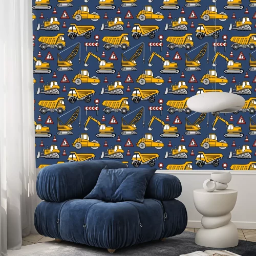 Behang Hand getrokken bouw auto's naadloze vector patroon op donkerblauwe achtergrond.