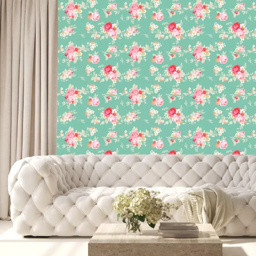 Behang Shabby chique bloemen op een turquoise achtergrond