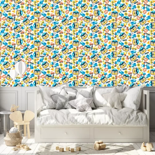 Behang naadloze patroon vector met grappige cop hoofd cartoon, inclusief voertuigen, verkeersborden.