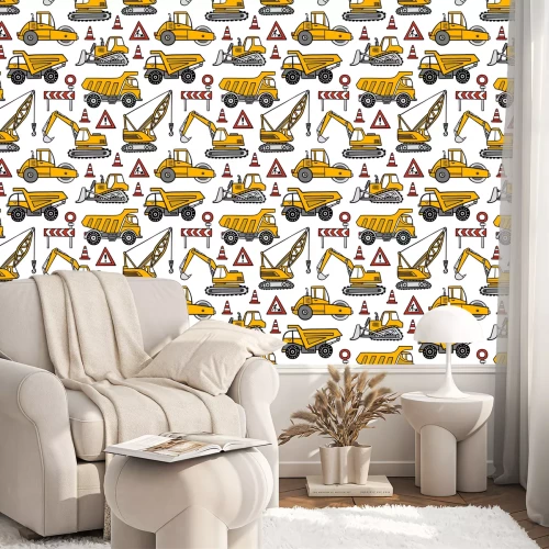 Behang Hand getrokken bouw auto's naadloze vector patroon op witte achtergrond.