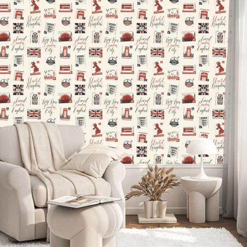 Behang Vector naadloos patroon met postzegels en met de hand geschreven inschrijvingen op het UK en het thema van Londen in retro stijl op lichte achtergrond. Kan worden gebruikt als achtergrond of inpakpapi
